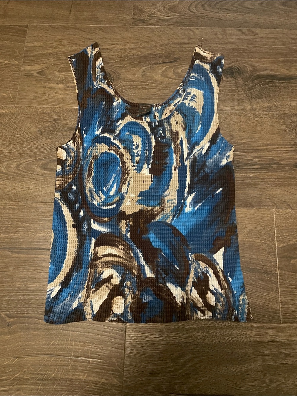 Sleeveless Scoop Neck Tank Top, Blue Brown and Tan Swirl Print, Size Small